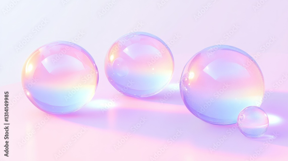 Four transparent spheres showing a colorful iridescent refraction effect Four transparent spheres showing a colorful iridescent refraction effect