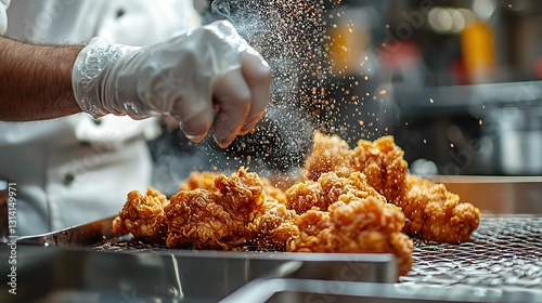 Professional chef spinning out a pile of crispy fried chicken from the commercial fryer in kitchen