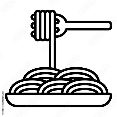 Minimalist outline icon of a plate of spaghetti with a fork, a classic diner and restaurant dish. Ideal for illustrating Italian cuisine, pasta meals, and casual dining themes.