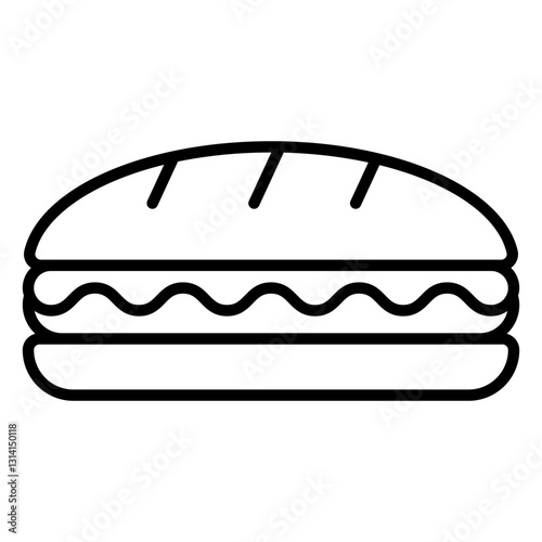 Minimalist outline icon of a submarine sandwich, a popular diner and deli meal. Ideal for illustrating fast food, takeout, lunch menus, and casual dining.