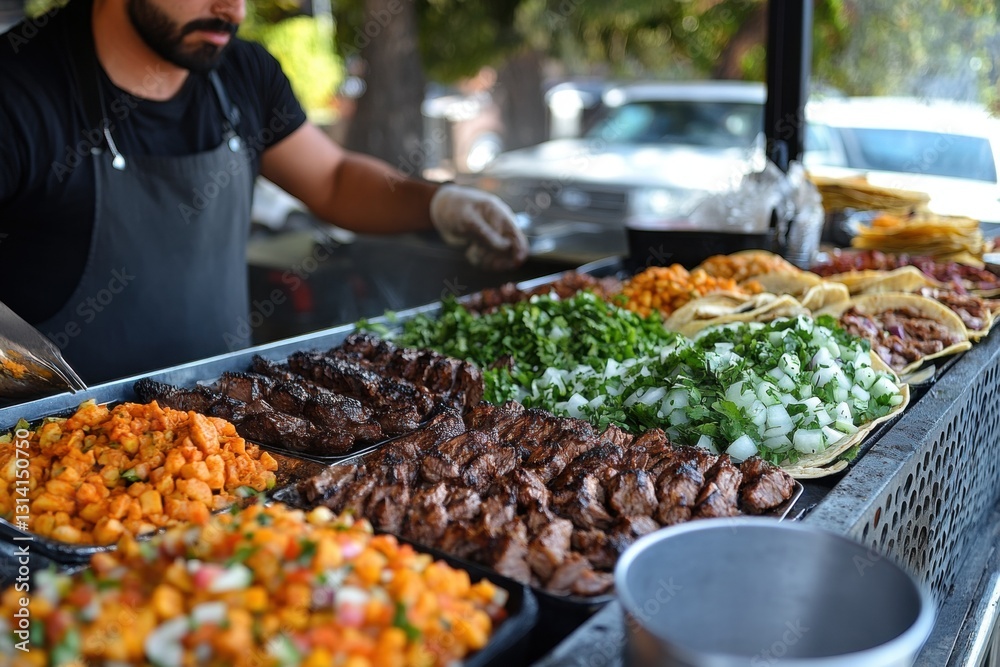 Chef preparing skewers of grilled meat at a food stall Chef preparing skewers of grilled meat at a food stall