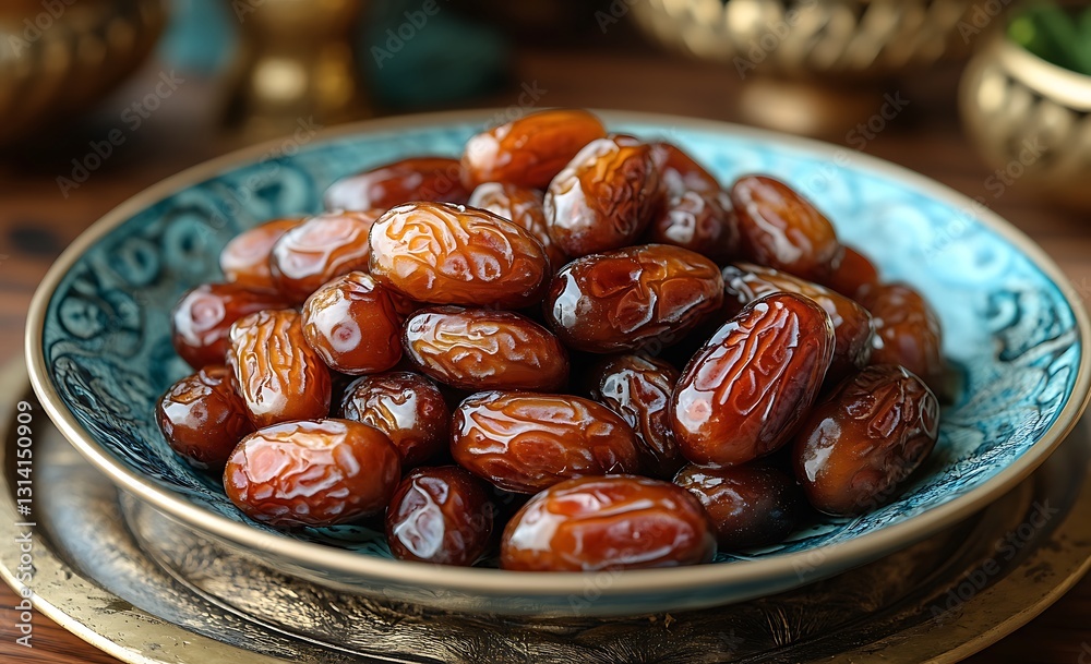 Glossy Dates on Decorative Dish with Ornate Gold Bowls Glossy Dates on Decorative Dish with Ornate Gold Bowls