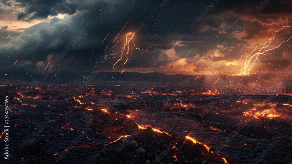 Naklejka premium The abstract beauty of a lightning storm captivates. Dark clouds and rain enhance the scene's drama.