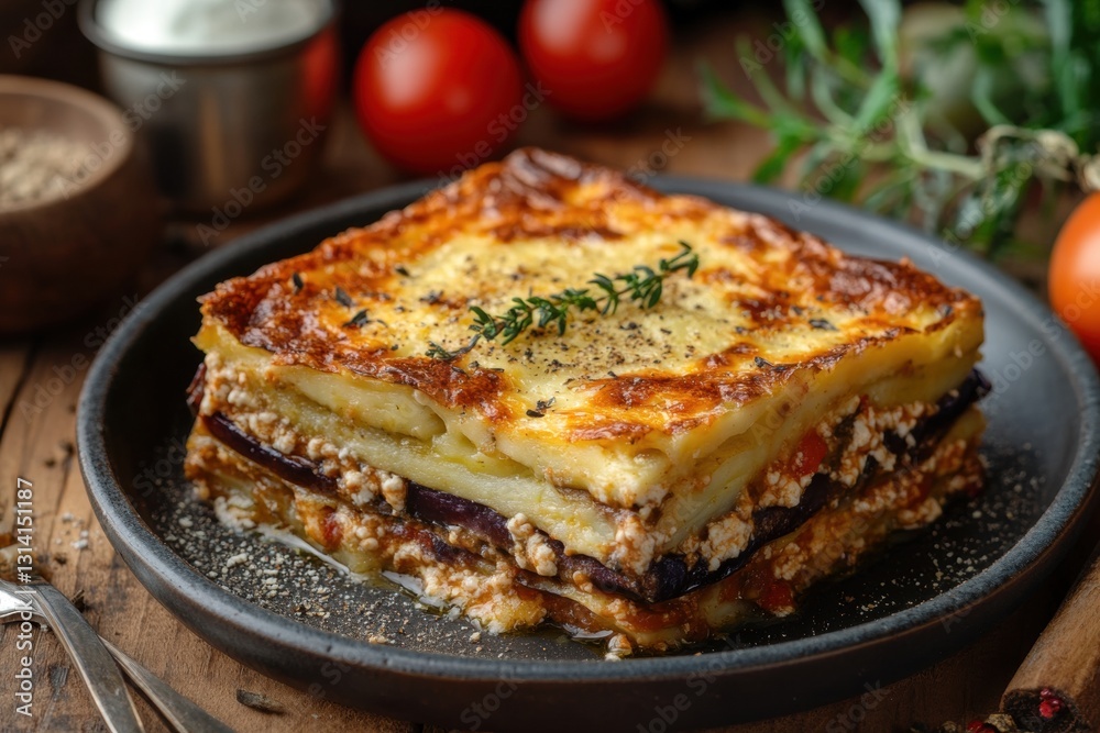 Classic lasagna in a rustic baking dish with fresh ingredients Classic lasagna in a rustic baking dish with fresh ingredients