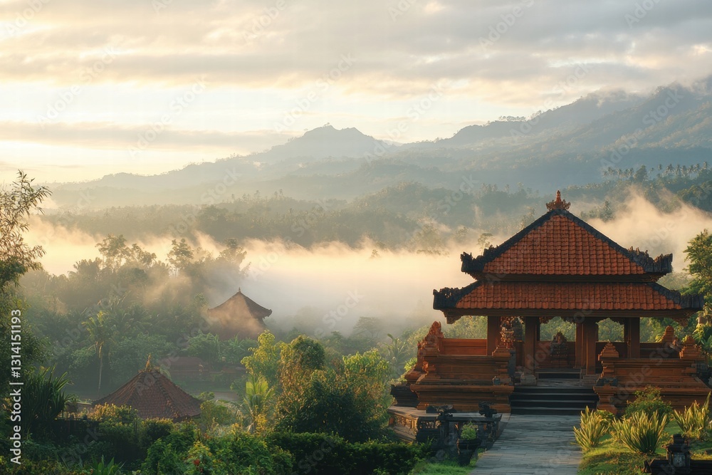 Ancient temple surrounded by misty mountains at dawn Ancient temple surrounded by misty mountains at dawn