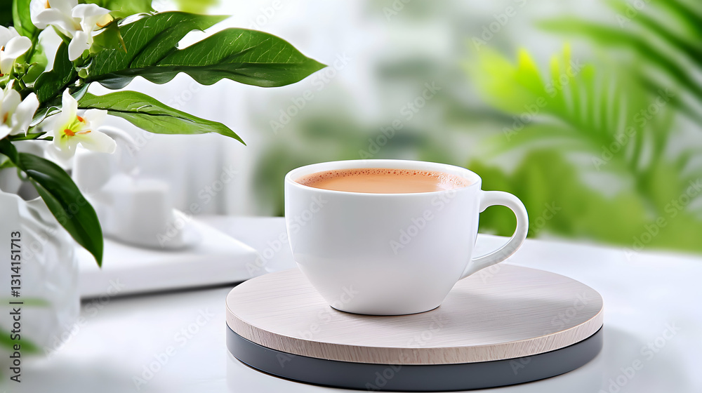 A white porcelain coffee cup rests with plants in the scene A white porcelain coffee cup rests with plants in the scene