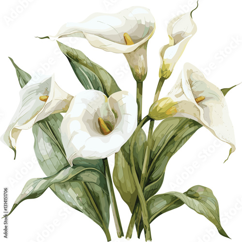 Vector watercolor Calla Lily flowers isolated on white, floral illustration, hand-drawn botanical art, elegant bloom, spring blossom, nature clipart, decorative plant, artistic floral design