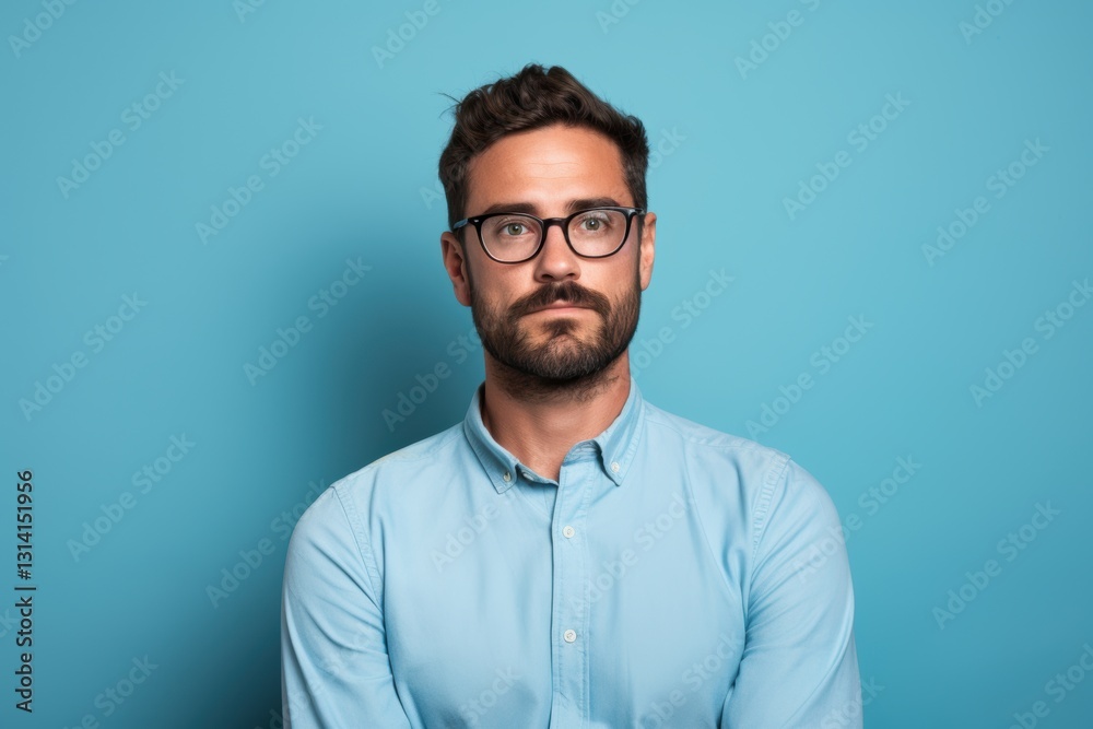 A man with glasses and a beard is standing in front of a blue wall A man with glasses and a beard is standing in front of a blue wall