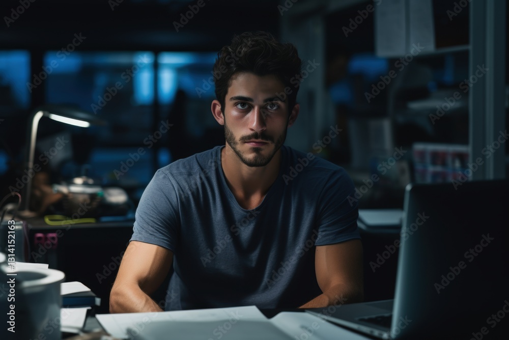 A man is sitting at a desk with a laptop in front of him A man is sitting at a desk with a laptop in front of him