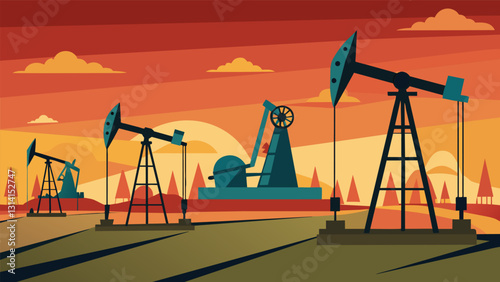 The endless hum of pump jacks fills the air a constant reminder of the oil beneath the surface and the human desire to harness it for energy.. Vector illustration