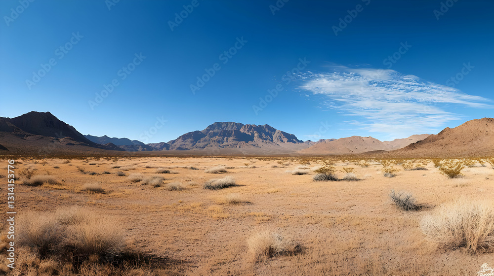 Panoramic View of an Arid Desert Landscape with Brown Sand Sparse Vegetation and Distant Mountains under a Clear Blue Sky with Wispy White Clouds Panoramic View of an Arid Desert Landscape with Brown Sand Sparse Vegetation and Distant Mountains under a Clear Blue Sky with Wispy White Clouds