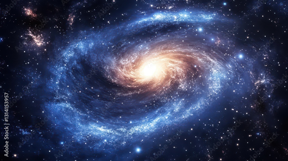 Obraz premium A stunning image of a spiral galaxy, showcasing its vibrant, luminous center surrounded by swirling arms of stars and cosmic dust, set against a deep, star-studded backdrop.