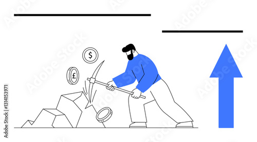 Man wielding pickaxe breaking rocks as currency symbols emerge, with upward arrow signifying growth. Ideal for finance, investment, mining efforts, economy, resource harvesting, wealth creation, flat