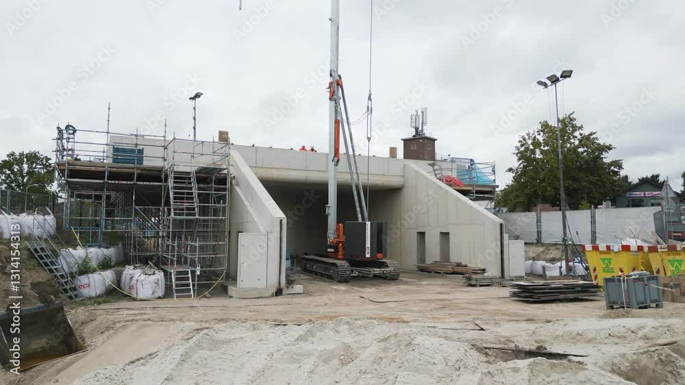 Aerial shot of a construction site building a railway station and tunnel