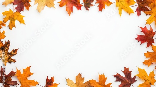 Autumn Leaves Frame Border on White Background with Orange Yellow and Red Colors