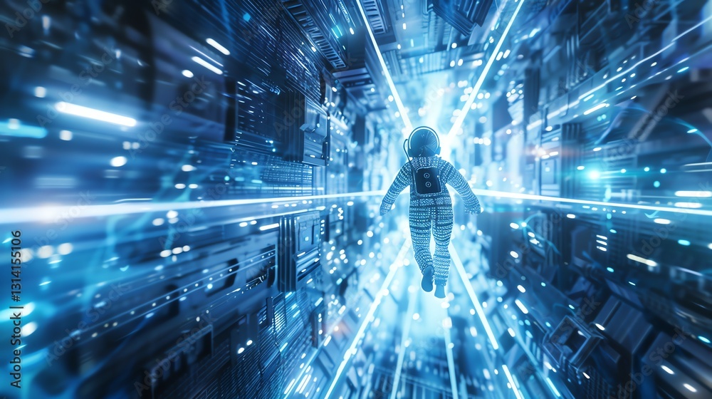 Fototapeta premium A digital astronaut floats down a tunnel of glowing blue code.