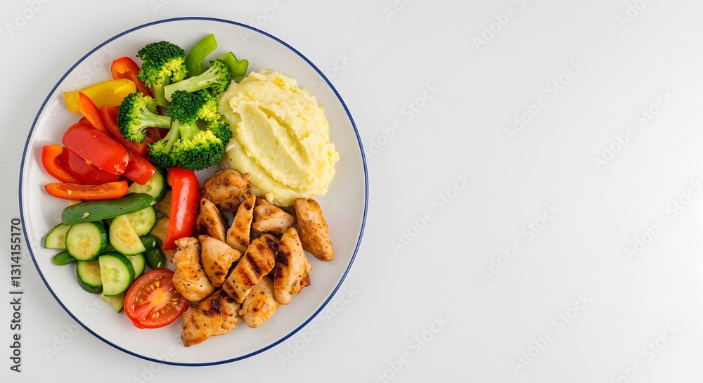 Top view Assorted Roasted Vegetables with Mashed Potatoes on White Plate, Plain White Background, PNG Style, HD Minimal Top view Assorted Roasted Vegetables with Mashed Potatoes on White Plate, Plain White Background, PNG Style, HD Minimal