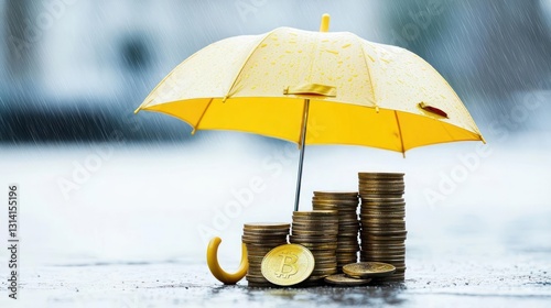 Wallpaper Mural Yellow Umbrella Shielding Stacked Coins From Rainfall Representing Financial Security Torontodigital.ca