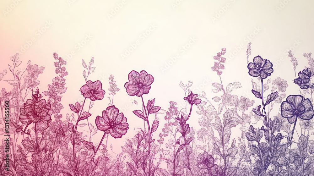 Detailed illustration of a meadow filled with flowers in bloom Detailed illustration of a meadow filled with flowers in bloom