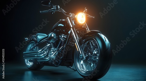 A sleek black motorcycle with chrome details, its headlight glowing, isolated on a simple dark background
