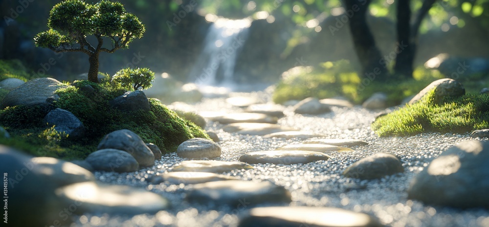 Fototapeta premium Stepping stones at zen garden waterfall. Tranquil, meditative