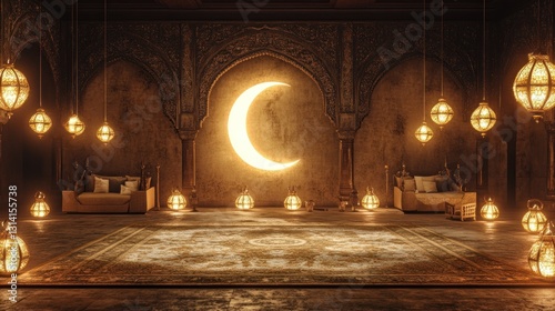 A beautiful decorated room illuminated with many hanging lanterns and a moon