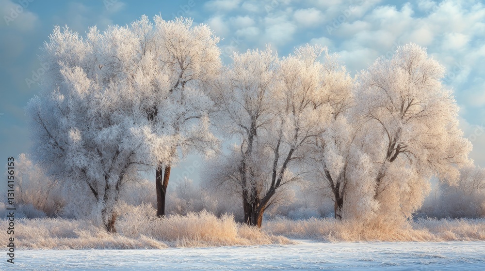 Frost-covered trees in a serene winter landscape at sunrise Frost-covered trees in a serene winter landscape at sunrise