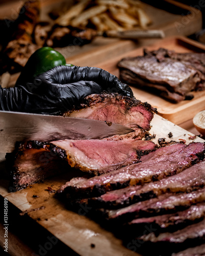 Quadro su tela Close Up BBQ Beef Brisket Slices with Juicy Texture and Smoke Ring on Rustic Woo