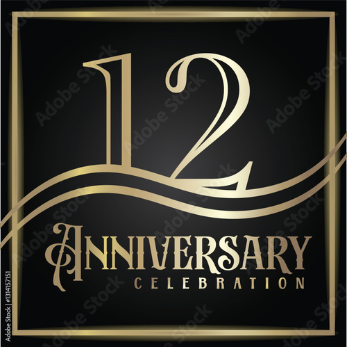 12 years anniversary, birthday logo label. Year. Vector illustration design. Isolated against a black background