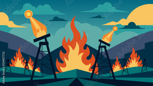 In the vast expanse of the oil fields the dancing flames of flaring gas seem to mimic the endless rhythm of our societys demand for energy.. Vector illustration