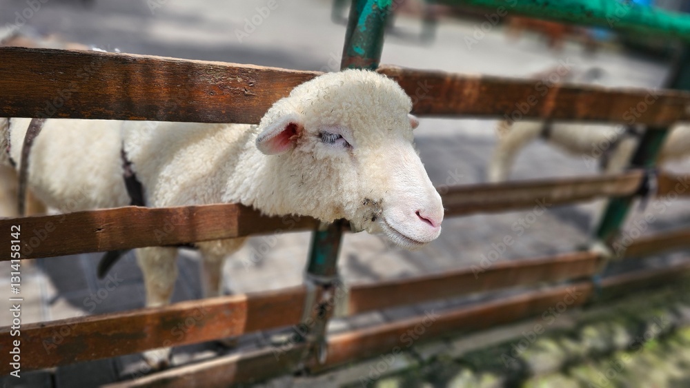 Fototapeta premium Close up view of cute sheep head at the sheepfold