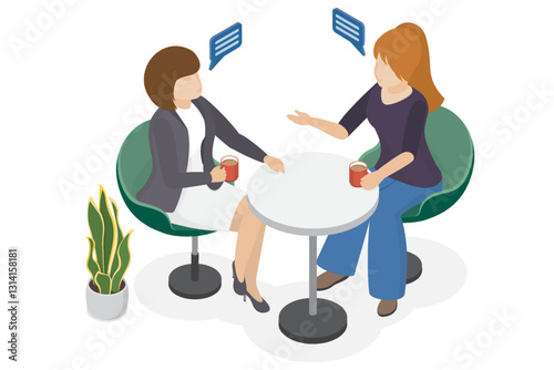 Women friends in cafe. Meeting with friends coffee break. Vector isometric illustration