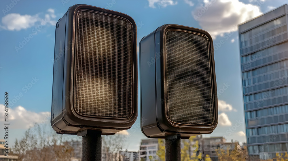 Two rectangular pedestrian signal lights against cloudy blue sky Two rectangular pedestrian signal lights against cloudy blue sky