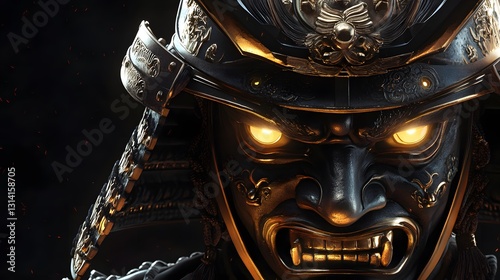 A samurai mask with intricate engravings and fierce details, glowing eyes, isolated on a dark neutral background