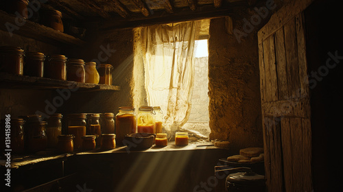 Sunlit pantry; shelves filled with amber jars, rustic charm