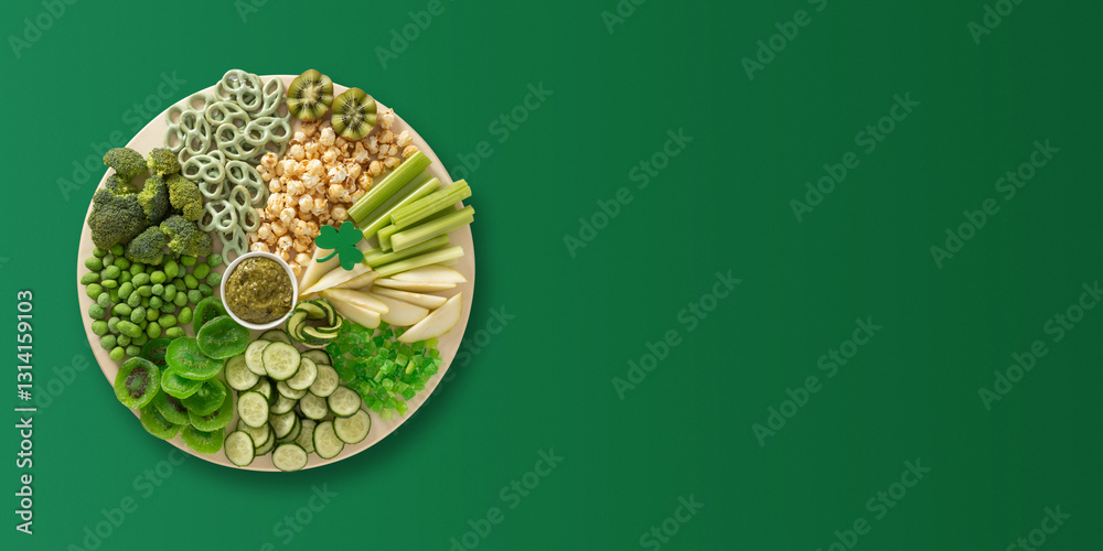 St Patricks day charcuterie board decorated shamrock on green background. View from above. Banner. Copy space.