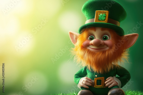 Photo of a cute leprechaun in green with copy space