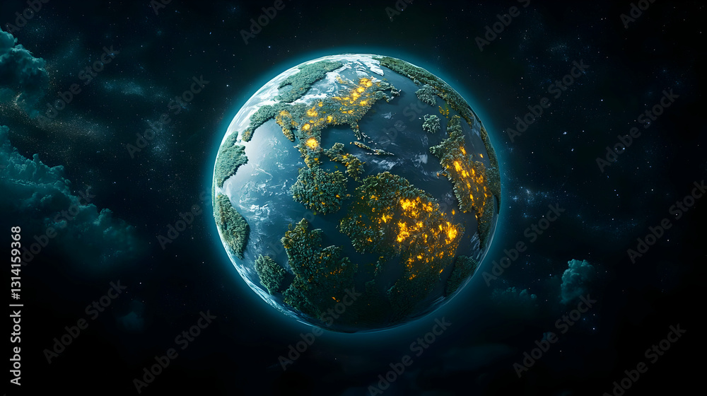 Fototapeta premium Pixelated Planet Earth At Night From Space With Illuminated Cities And Atmospheric Clouds