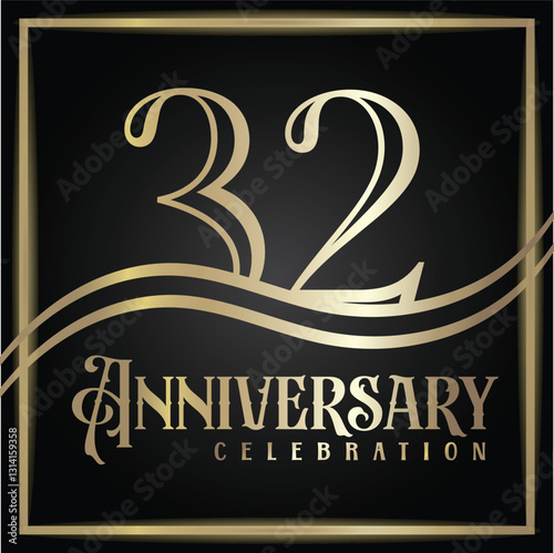 32 years anniversary, birthday logo label. Year. Vector illustration design. Isolated against a black background