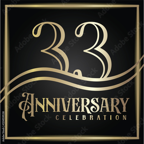33 years anniversary, birthday logo label. Year. Vector illustration design. Isolated against a black background