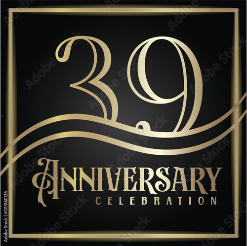 39 years anniversary, birthday logo label. Year. Vector illustration design. Isolated against a black background