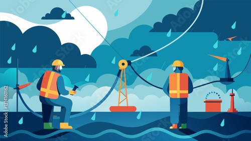 In the midst of a stormy sea rain pelts the workers as they work diligently to connect the intricate network of cables and wires between the turbines. Vector illustration