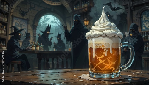 Mysterious beer mug with whipped cream in a dark tavern surrounded by cloaked figures
