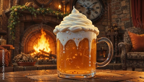 Cozy beer mug with whipped cream in a warm living room with a fireplace and rustic decor