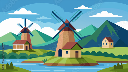 Despite their age the traditional windmills still play a vital role in managing the water levels of the surrounding lands.. Vector illustration