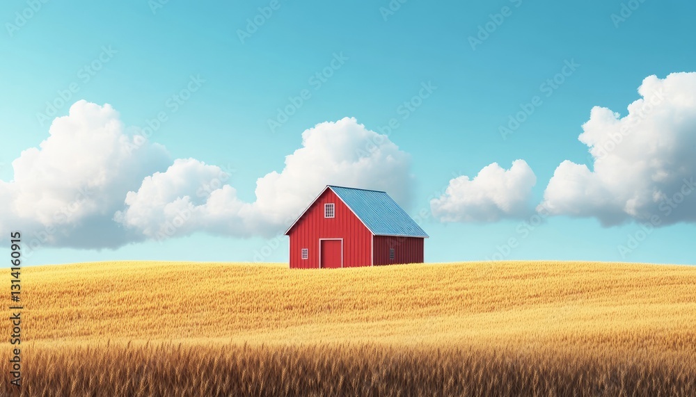A red barn sits in the field under a blue sky A red barn sits in the field under a blue sky