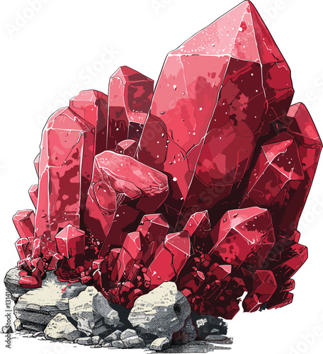 Cinnabar mineral vector, old-style vintage illustration on transparent background, antique engraving, mercury ore, geological specimen, hand-drawn etching, mineralogy