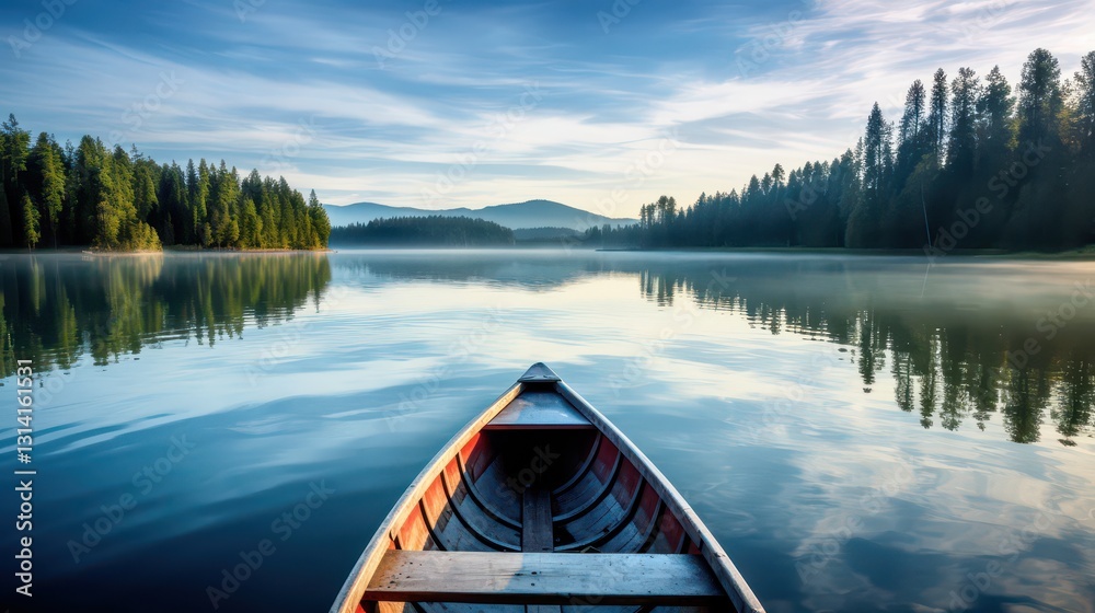 Obraz premium Calm lake with morning sky above, view from a wooden boat. The concept of fishing, vacation, relaxation. Banner for your website.
