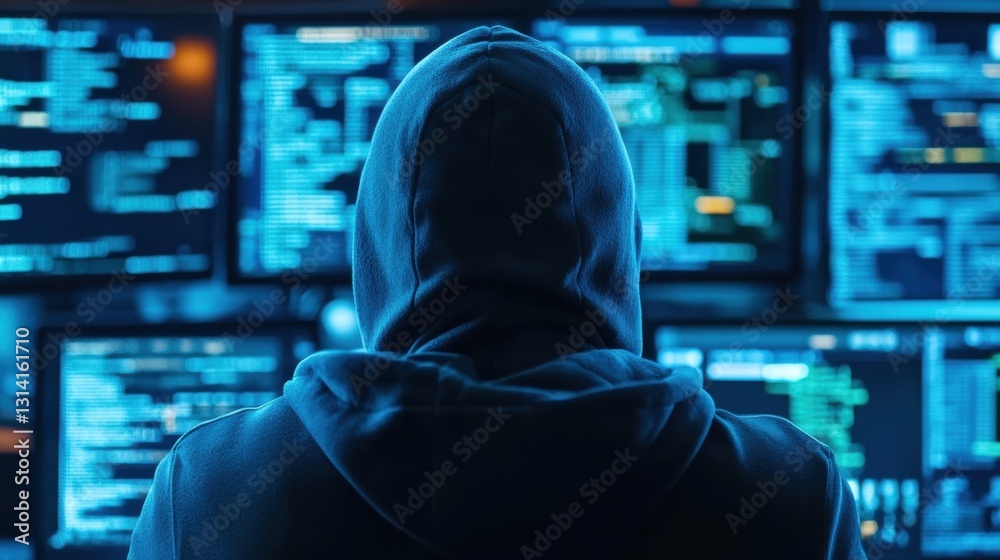 Hacker in a dark room with multiple screens. Hacker in a dark room with multiple screens.