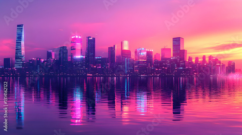 Pink and Purple City Skyline at Sunset Reflection